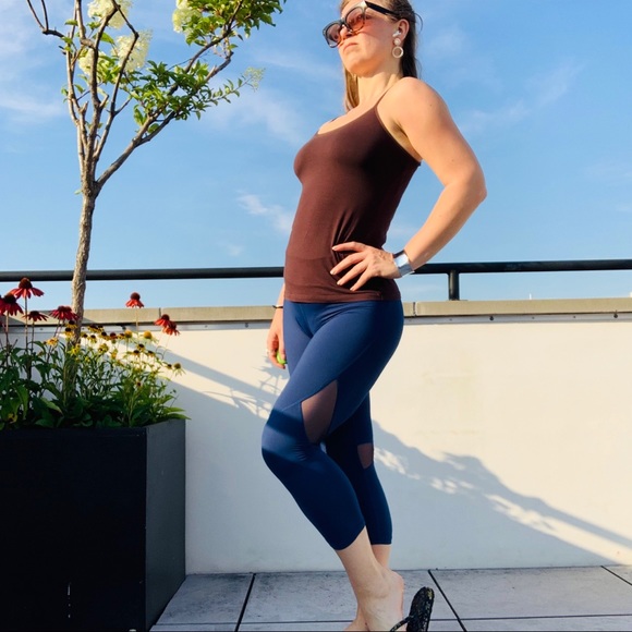 ALALA High Waist Satin Capri Mesh Panels Sheer Royal Blue Crop Jogger - Picture 13 of 16